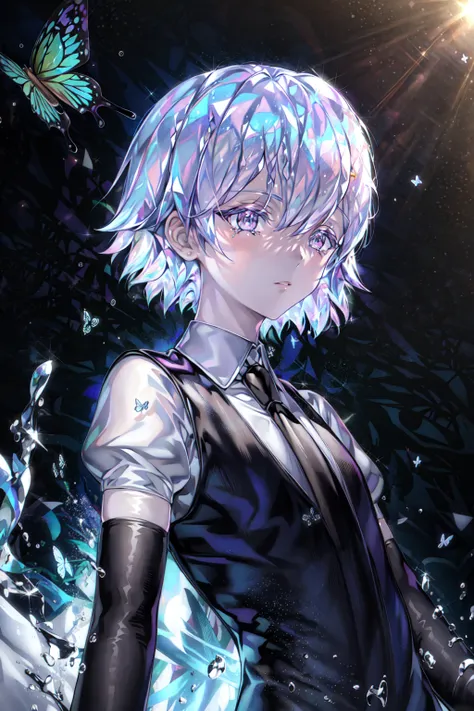 masterpiece, best quality, <lora:bao:0.8>,  1girl, androgynous, black_necktie, broken, bug, butterfly, crack, elbow_gloves, gem,...