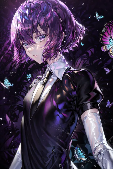 masterpiece, best quality, <lora:bao:0.8>,  1girl, androgynous, black_necktie, broken, bug, butterfly, crack, gem, gem_uniform_\...