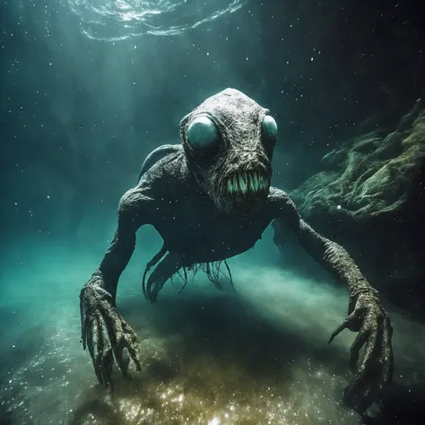 sea monster, pov underwater, visceral, unholy abomination, pale skin, dark yellowish water, foggy water, misty, dark, dramatic,'...