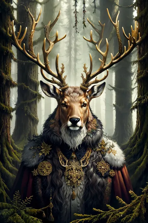 "The Stag King", highly detailed fur, elaborate details, elegant, golden antlers,  Style-SwampMagic,