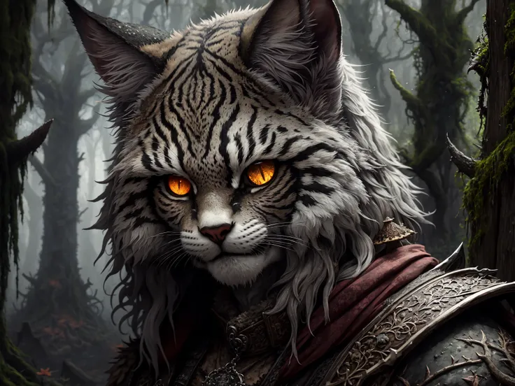 Evil Undead tabaxi Zombie female mottled gray and rotting furred Undead tabaxi Zombie lynx, thin build, wearing tattered robes covered in patches of moss and lichen, holding a gnarled staff adorned with mushrooms and bone, realistic render, Dungeons and Dr...