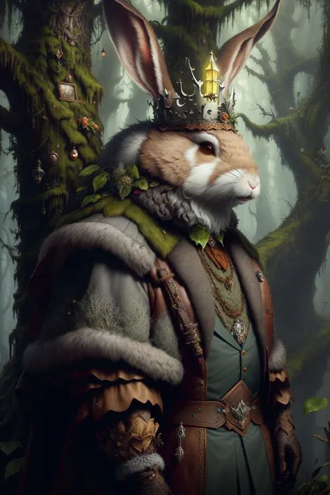 Style-SwampMagic, a beautiful illustration of a rabbit king with brown and gray fur, wearing decorative leather robes with leather gloves, (close up:1.1), from the side, silver mossy crown,  highly detailed fur, 8k resolution concept art in the  intricate ...