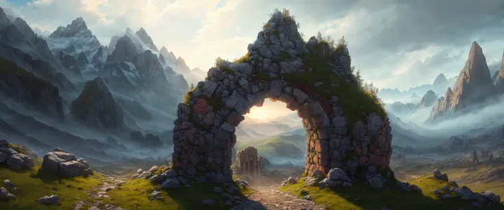 ((masterpiece, best quality)),landscape stretching, weird mysterious object, in panoramic landscape with pattern at high noon, morning, spring, alpine mountain, fluorescent red light, digital art, concept art, (apocalyptic, fallacious, stone), portal fant...