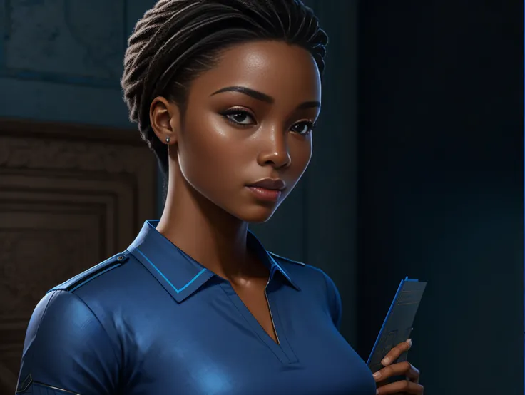 epic portrait, slightly muscular Beninese woman, beautiful face, wearing short sleeved blue uniform holding a blueprint, detailed, centered, artstation, breathtaking, 8 k resolution, extremely detailed, beautiful, establishing shot, artistic, hyperrealisti...