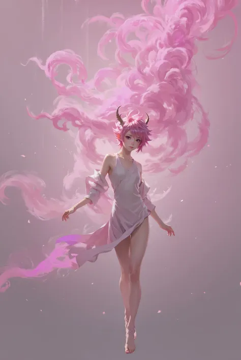 a woman with pink hair and a white dress is walking in the air