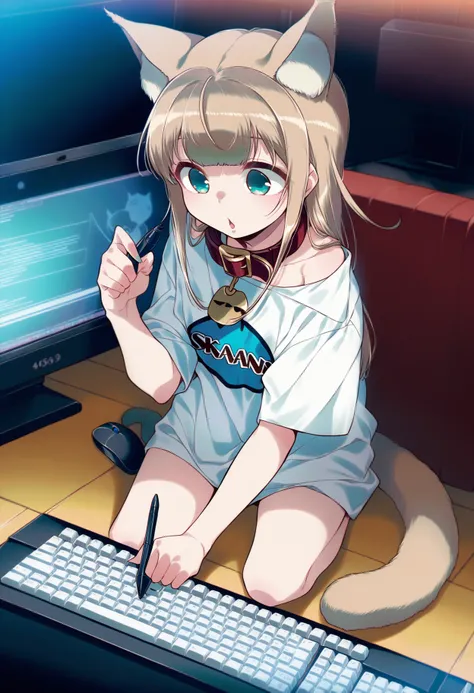 anime girl sitting on the floor with a computer and a mouse