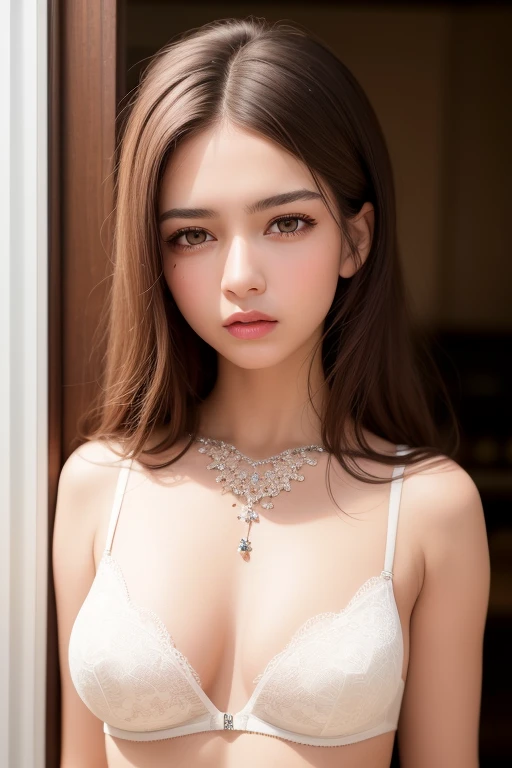 best quality, masterpiece, (realistic:1.2), 1 girl, brown hair, brown eyes,Front, detailed face, beautiful eyes,upper body,white diamond necklace,Lace bra