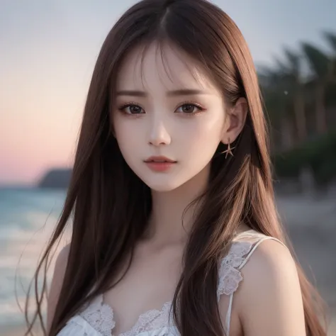 best quality, realistic, photorealistic, extremly detailed, an extremely delicate and beautiful, RAW photo, professional lighting, light on face, depth of field, solo focus,
full body, a 27 years old woman, (dark night, beach, stary sky:1.4), brown hair, b...
