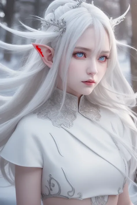 best quality, masterpiece, White hair, detailed, red eyes, windy, floating hair, snowy, half body, detailed face, winter, trees, sunshine, midriff, elf_ear, crown, flawless, clean, cinematic lighting, cinematic bloom, perfect face, beautiful face, beautif...