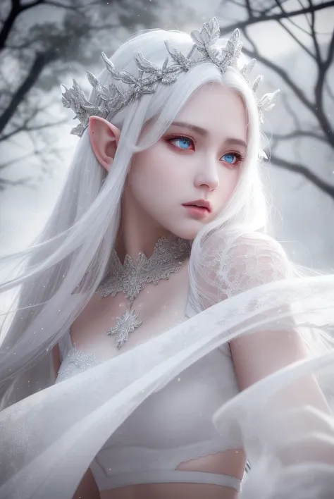 best quality, masterpiece, white hair, detailed, red eyes, windy, floating hair, snowy, half body, detailed face, winter, trees,...