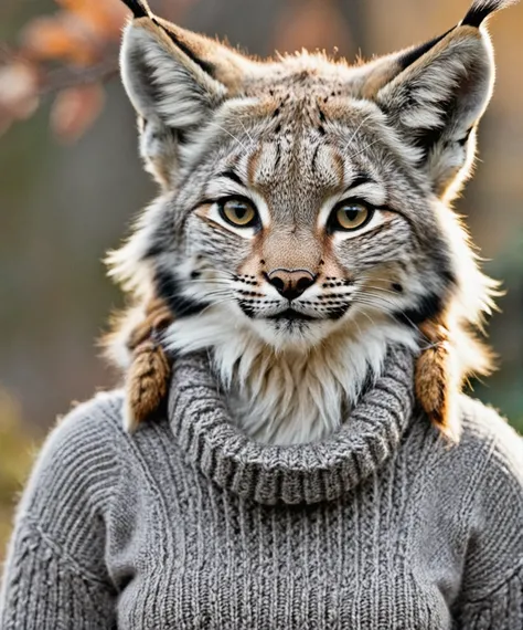 Closeup of an anthro furry lynx female wearing a wool sweater