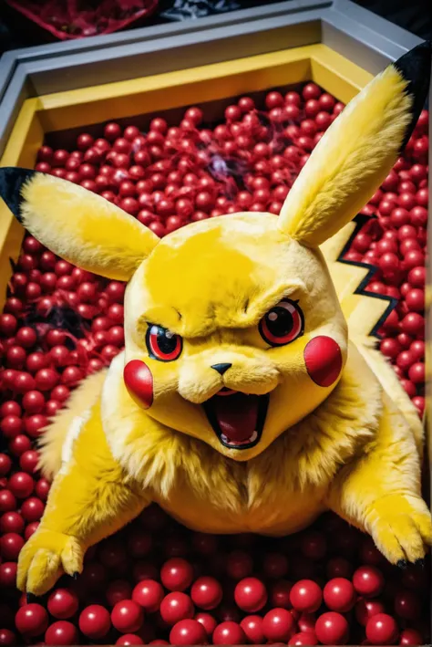 fullsolo action shot, high-angle view, plastic ball pit setting, dim lighting, unbridled extreme rage, extremely rabid, bloodthirsty evil real pikachu (pokemon) * * * * * *, feral body, yellow body, yellow fur, detailed fur texture, fangs, (jolts of (red e...