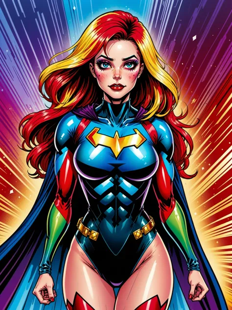 a woman in a superhero costume standing in front of a colorful background