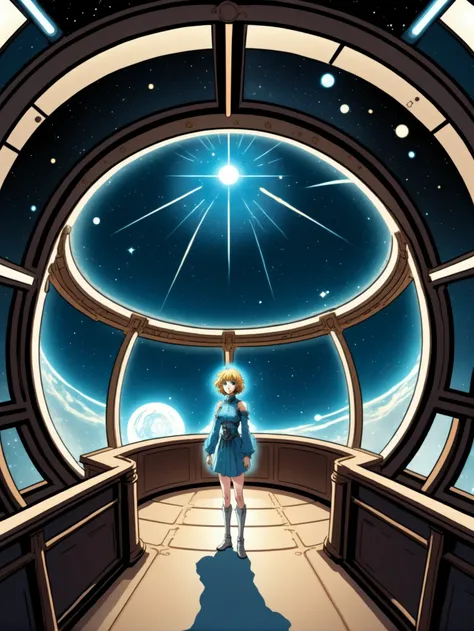 a woman standing in a spaceship looking out at the stars