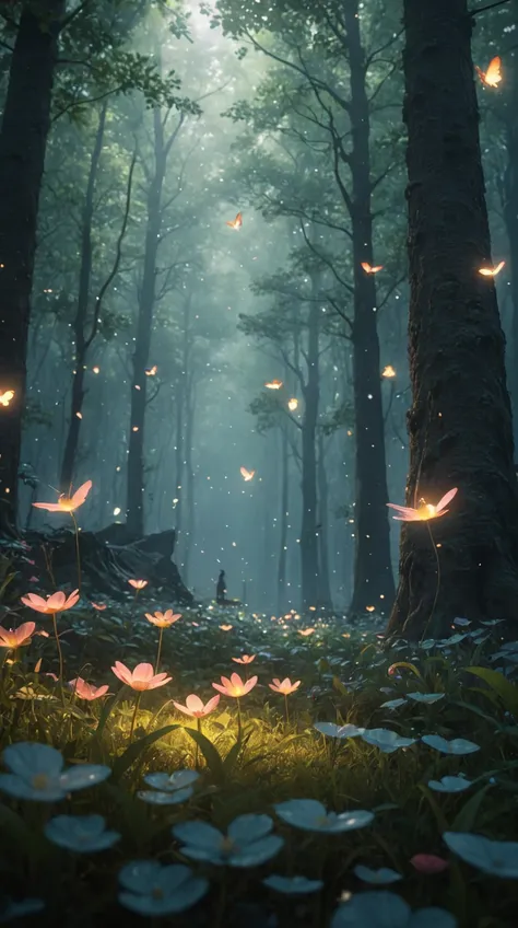 a forest with lots of flowers and fireflies flying around