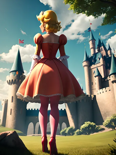 Princess Peach in front of a magical castle, incredible detail, photograph, masterpiece, photorealistic, atmospheric, cinematic, HDR, Canon, Sony, Lumix, 8k, UHD