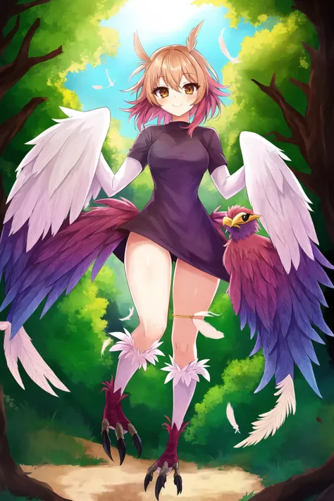 1girl, harpy, feathers, full body, smile,, masterpiece, best quality, masterpiece,