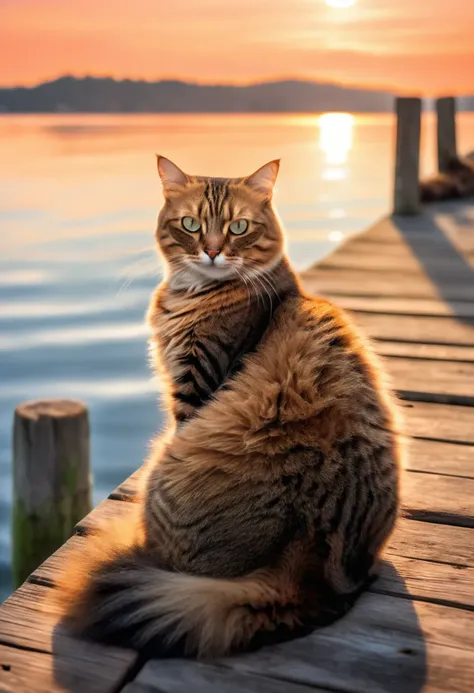 a serene morning scene of a brown cat sitting gracefully on a weathered wooden dock, facing towards the water, its fur gently il...