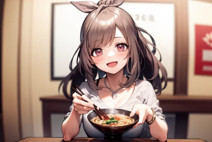 <lora:tsukioka kogane:1>, tsukioka kogane, 1girl, food, solo, brown hair, open mouth, chopsticks, long hair, jewelry, noodles, b...