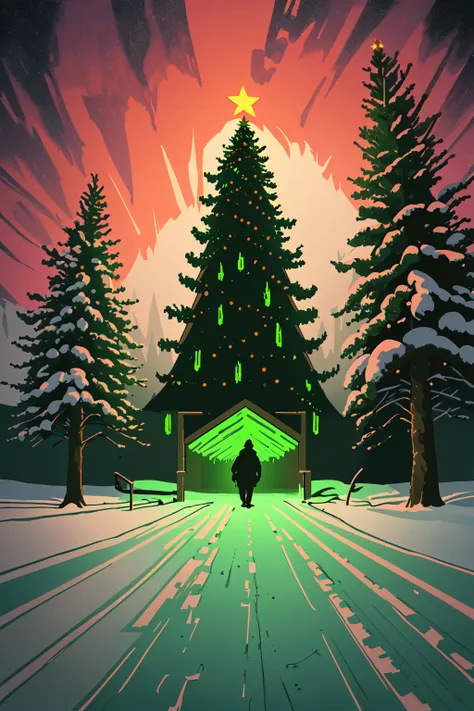 illustration of a person walking in front of a christmas tree