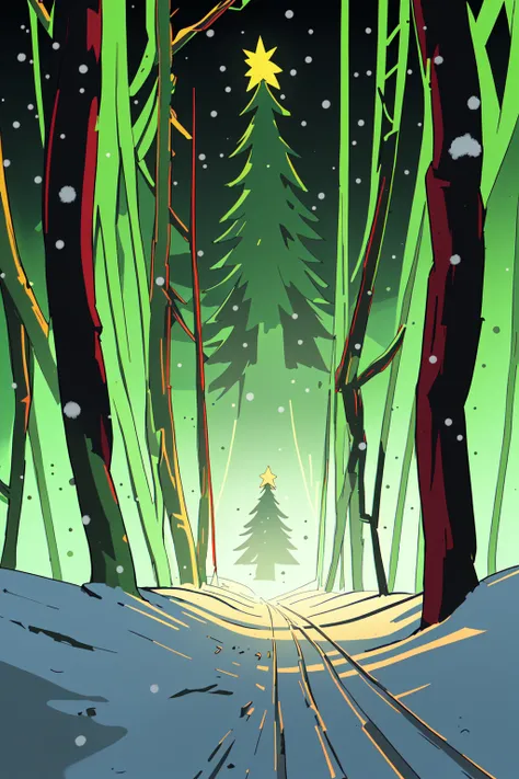 a cartoon picture of a snowy forest with a christmas tree