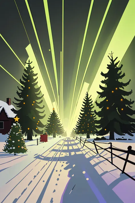 there is a cartoon picture of a snowy road with trees