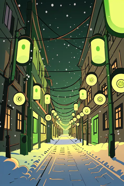 there is a cartoon picture of a snowy street with lanterns