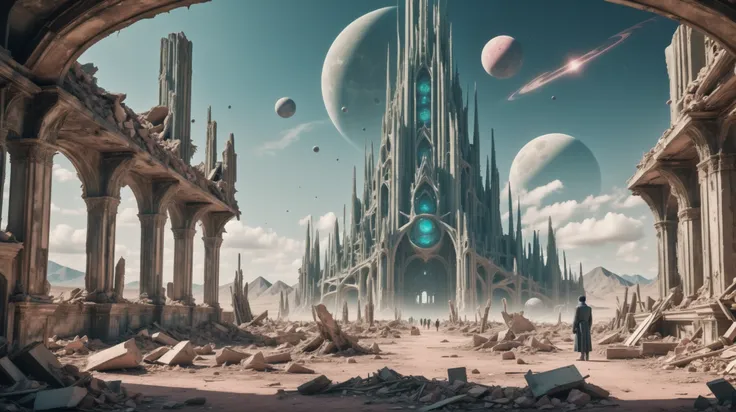 a man standing in a ruined city with planets in the background