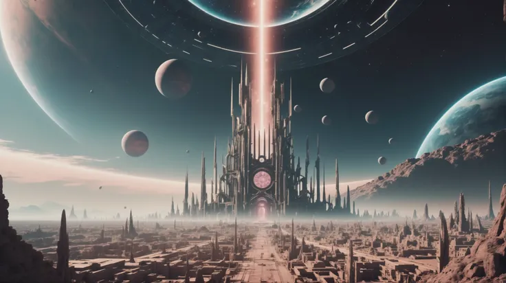 a view of a futuristic city with a giant tower in the middle