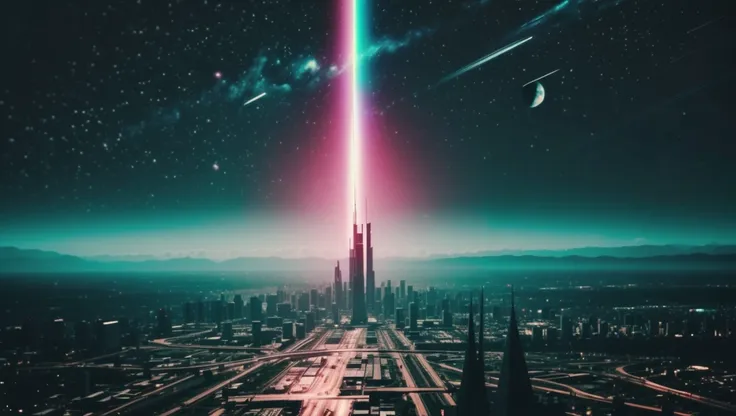 a futuristic city with a bright light beam in the sky