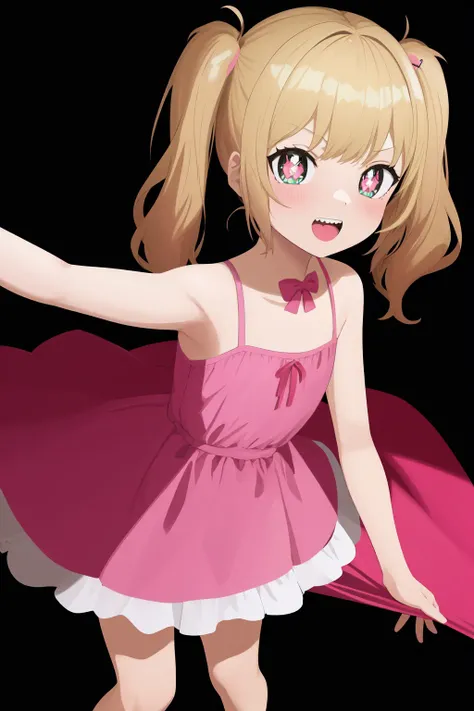anime, flat color, 1girl, cute, child, pink dress, teeth, dynamic pose, 8k, incredibly absurdres, blonde, detailed pupils, hair pin, twintails, 8k, masterpiece, trending on artstation