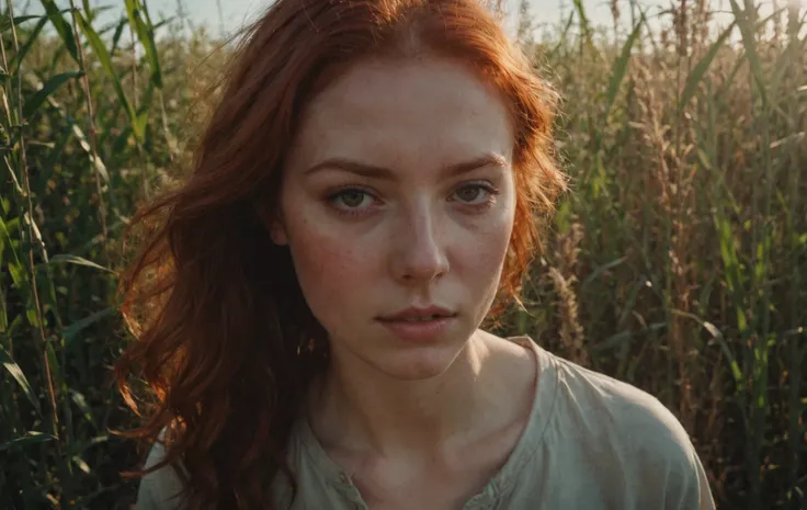 cinematic film still, close up, face only, photo of redheaded girl near grasses, fictional landscapes, (intense sunlight:1.4), realist detail, brooding mood, ue5, detailed character expressions, light amber and red, amazing quality, wallpaper, analog film ...