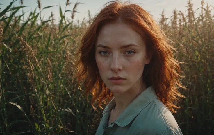 a woman standing in a field of tall grass looking at the camera