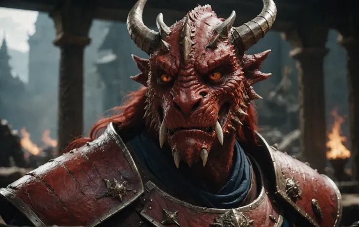 a close up of a red demon with horns and a red face