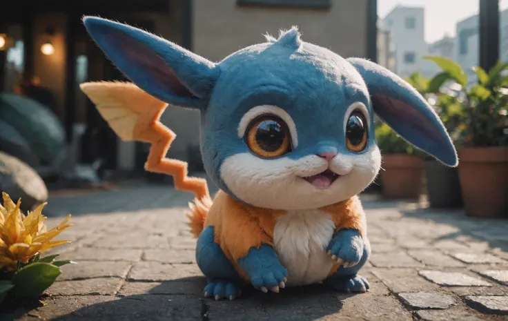 a close up of a stuffed animal sitting on a brick floor