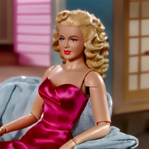 an (female action figure:1.2) of a 40 year old woman with curly blonde hair, , wearing a satin dress and red lipstick, in a mini...