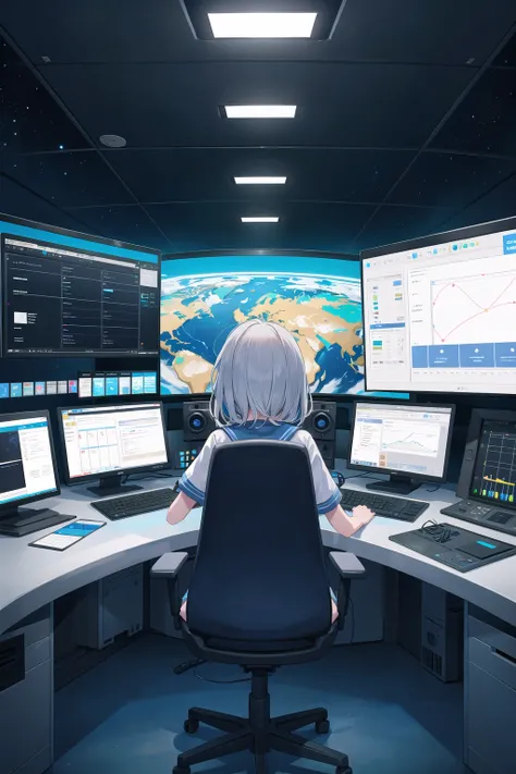 (masterpiece), 1girl, space, spaceship interior, control room