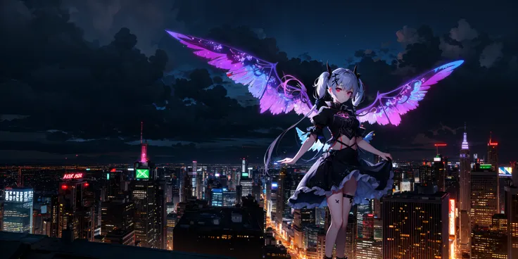 absurdres, highres, best quality, <lora:blacklight:1>, blacklight, 1girl, night, scenery, dark, full body, looking at viewer, short twintails, neon, sad, x hair ornament, outdoors, rooftop, <lora:Polychrome:0.5>, colorful, wings, white wings, skyline, clou...