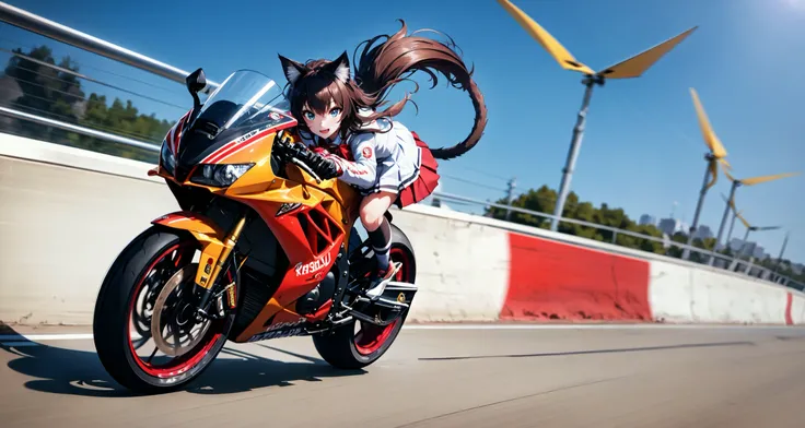 absurdres, highres, best quality, 1girl, motorcycle, (school uniform:1.3), motion lines, speed lines, racing, city, cat ears, skirt, long hair, wind, wind lift,