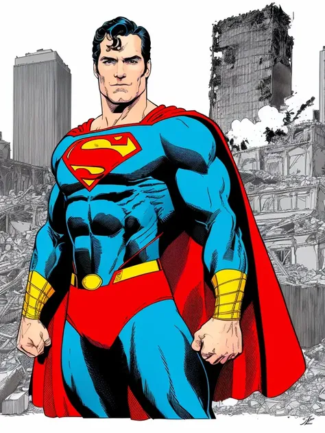 henry cavill is superman ,  superhero, upper body, illustrator by jorge jimnez , colours,  draw comic, 1boy, building destroyed