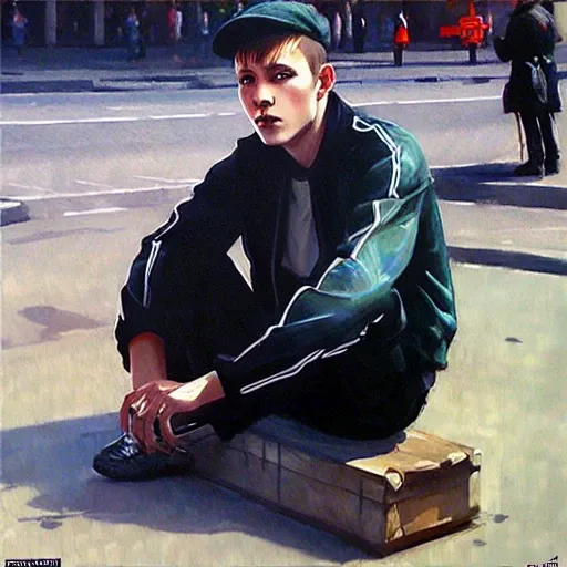 gopnik guy is sitting on the street, gopstyle, semi-realistic art 8k, ultra artstation quality