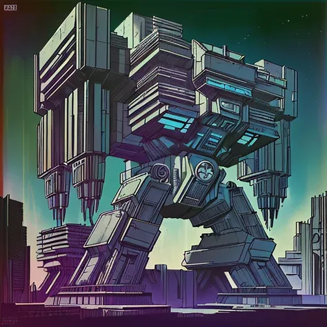 a close up of a giant robot standing in front of a city