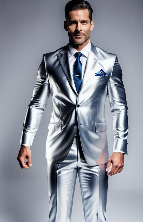 photorealistic, beautiful man standing (((full body))) in in shiny silver suit, vertical aspect ratio,