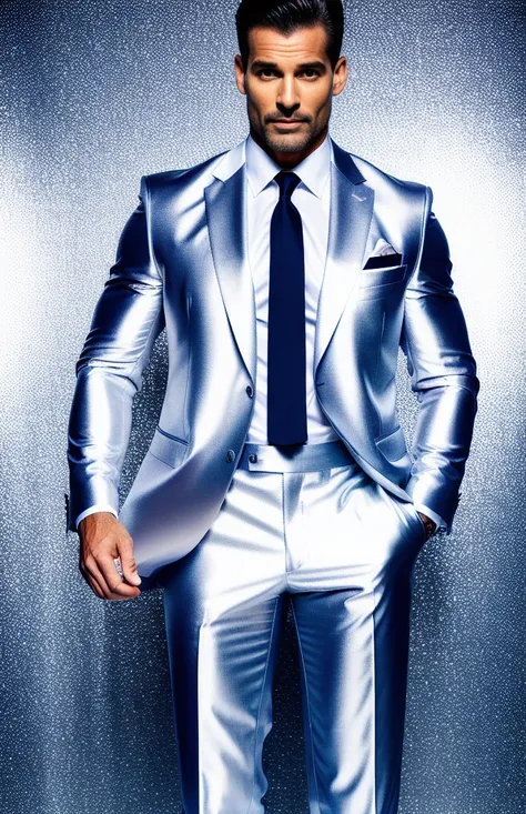 photorealistic, beautiful man standing (((full body))) in in shiny silver suit, vertical aspect ratio,