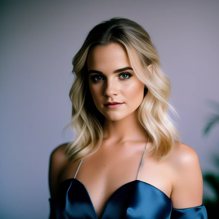 RAW, Nikon z 85mm, analog style, Award Winning Glamour Photograph of gorgeous adult blonde Princess with white and dark blue dress [Emma Watson], perfect face, hyper-detailed, front lit, goddess, petite, fit, gorgeous body, Throne Room, ((high detailed ski...
