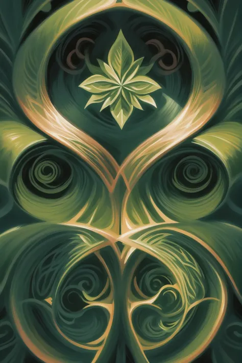 a painting of a green and yellow flower with swirls