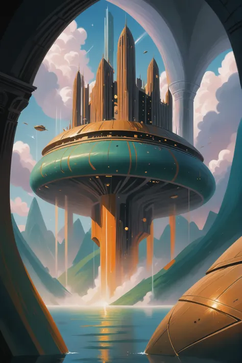 a painting of a futuristic city with a large tower in the middle