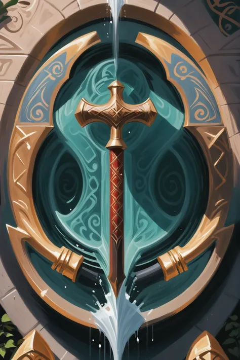 a close up of a sword with a fountain in front of it