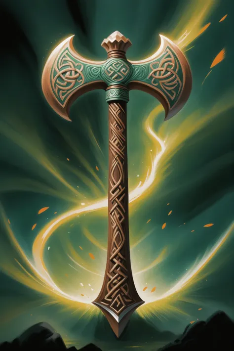 a large wooden axe with a celtic design on it