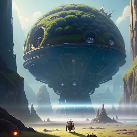 a big beetle walking on blue grass, skittering bugs everywhere, alien landscape, fantasy, The Hobbit Style, landscape, dreamlike, overhead view, landscape, sci-fi, epic composition, futuristic, by Ridley Scott, hyper realistic, from another world, by Abiga...